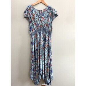Lola P Floral Midi Dress Wrap Front Asymmetrical Hem Womens XL Blue Boho Peasant